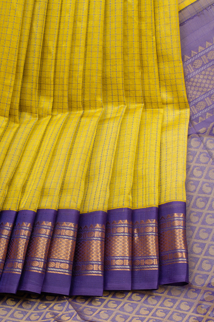 Yellow and Purple Thread Checks Pure Silk Cotton Saree