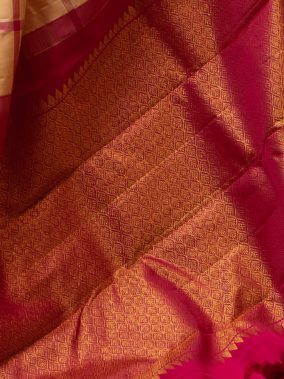 Cream and Pink Checks Borderless Pure Silk Sari - Clio Silks