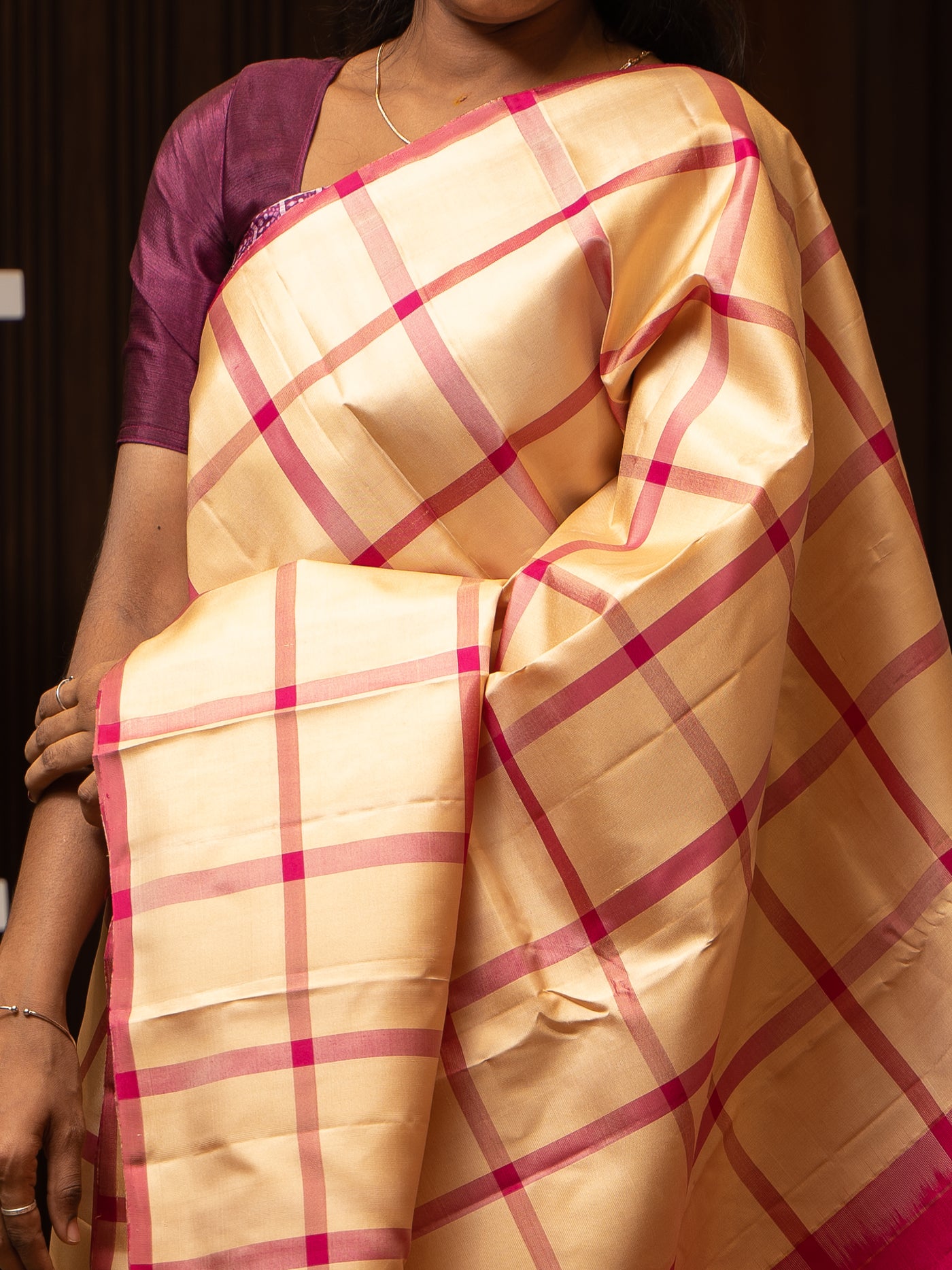 Cream and Pink Checks Borderless Pure Silk Sari - Clio Silks