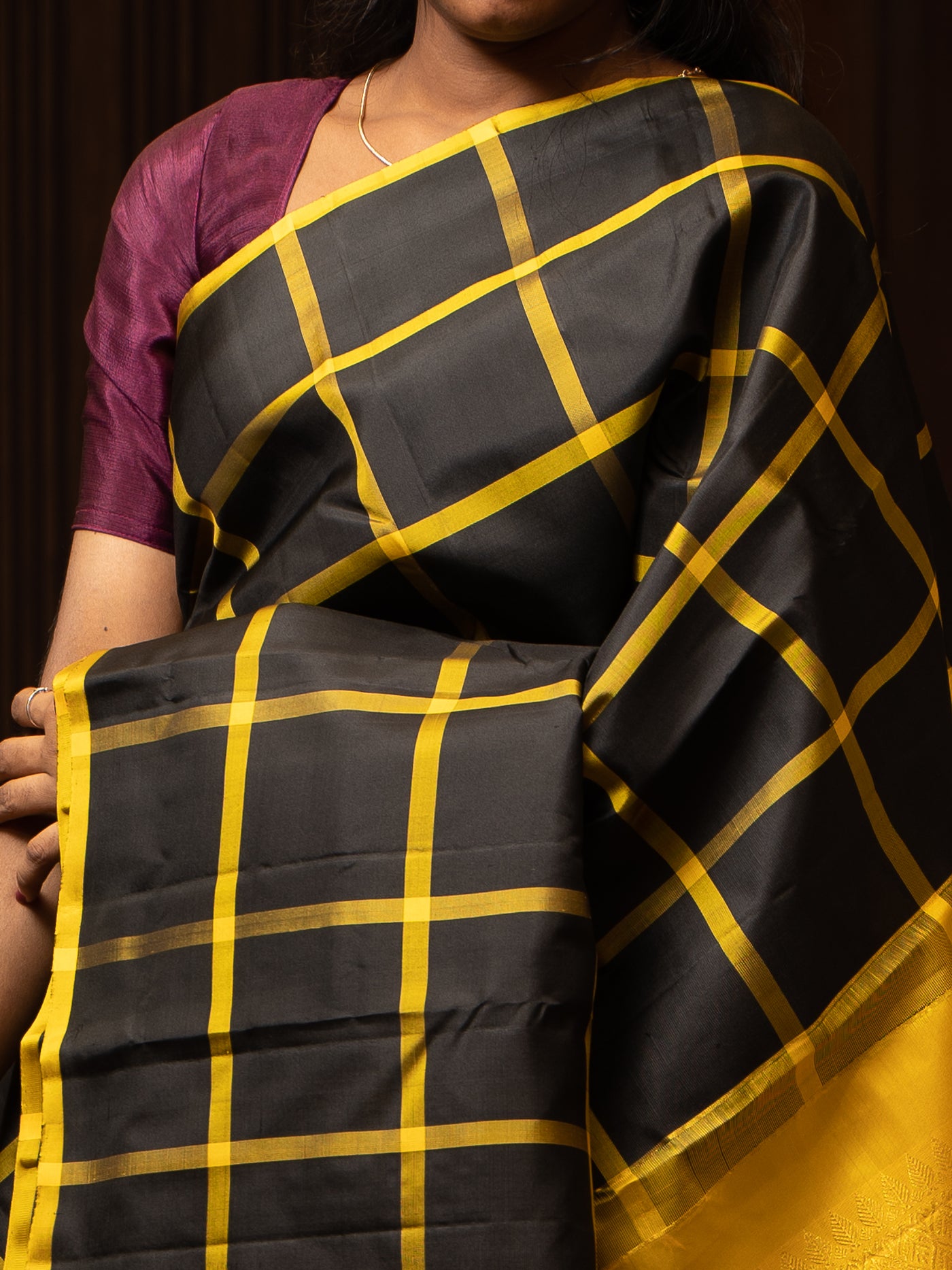 Black Borderless Checks Pure Kanchipuram Silk Saree - Clio Silks