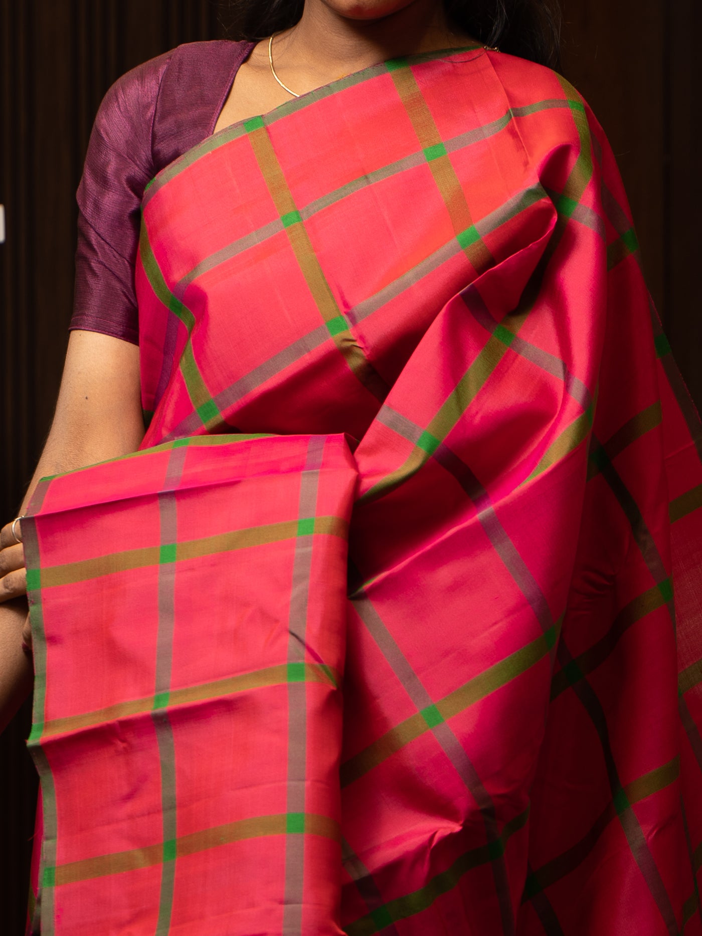 Magenta Borderless Checks Pure Kanjivaram Silk Saree - Clio Silks