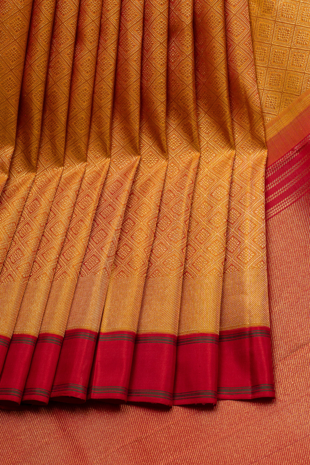 Golden orange and red brocade pure kanchipuram silk saree