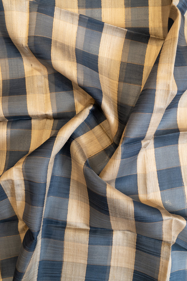 Blue checks pure Tussar organza saree