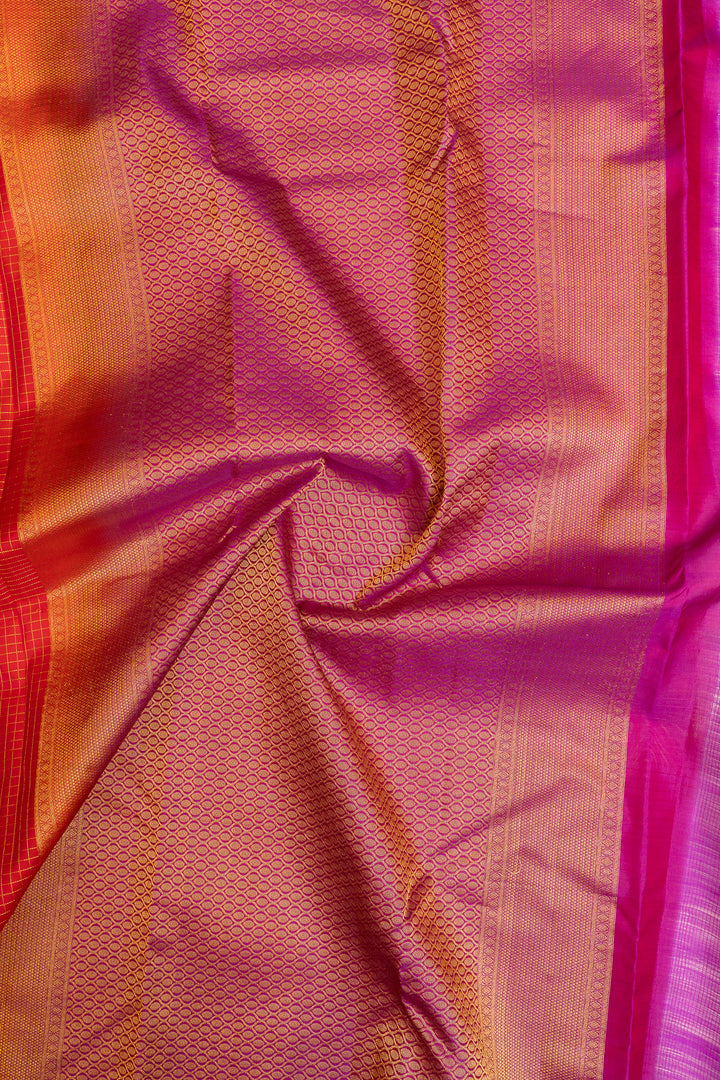 Red and pink zari checks pure Kanchipuram silk saree