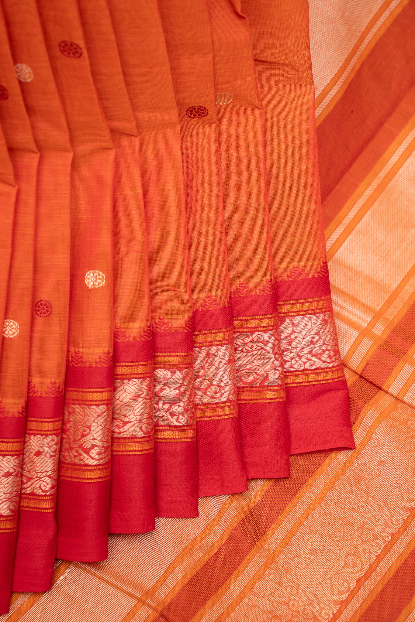 Rust Orange Korvai Pure Kanchi Cotton Saree - Clio Silks