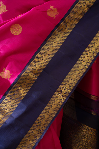 Persian Rose and Blue Pure Zari Kanchipuram Silk Saree - Clio Silks