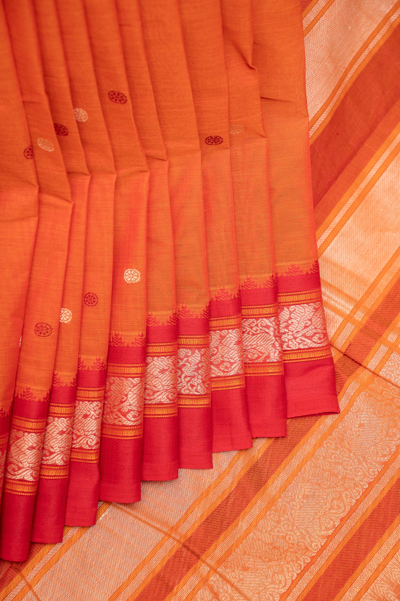 Rust Orange Korvai Pure Kanchi Cotton Saree - Clio Silks