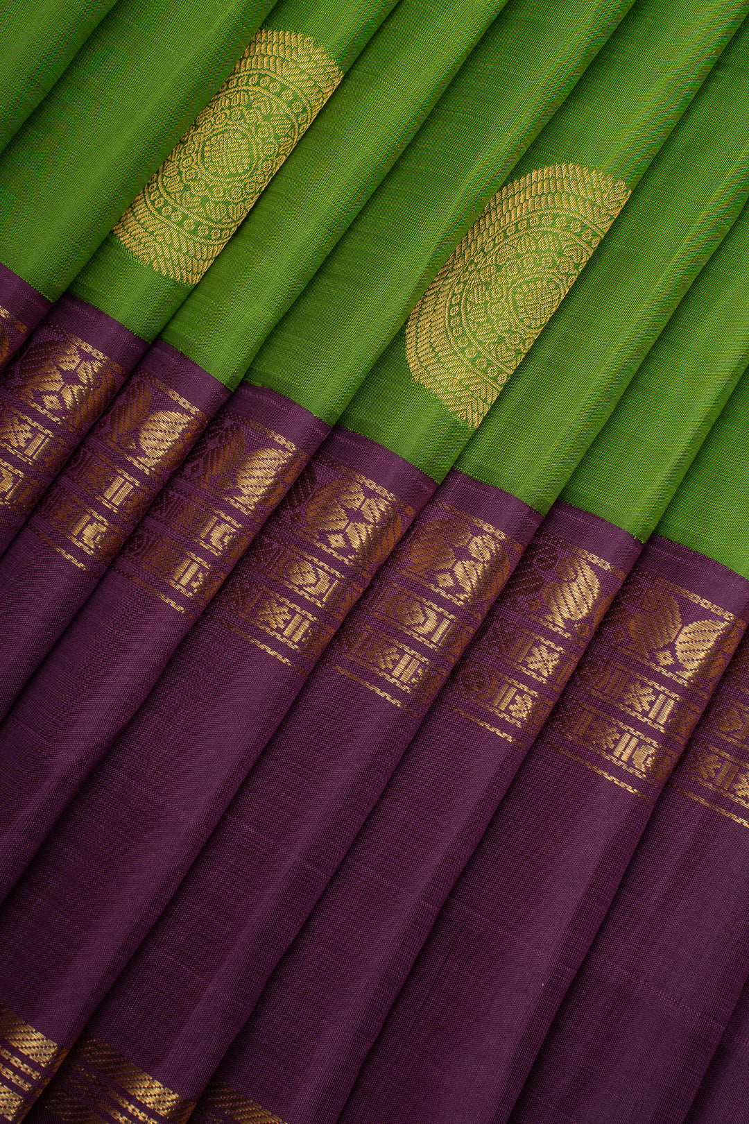 Parrot Green and Purple Rettai Pettu Pure Kanchipuram Silk Saree