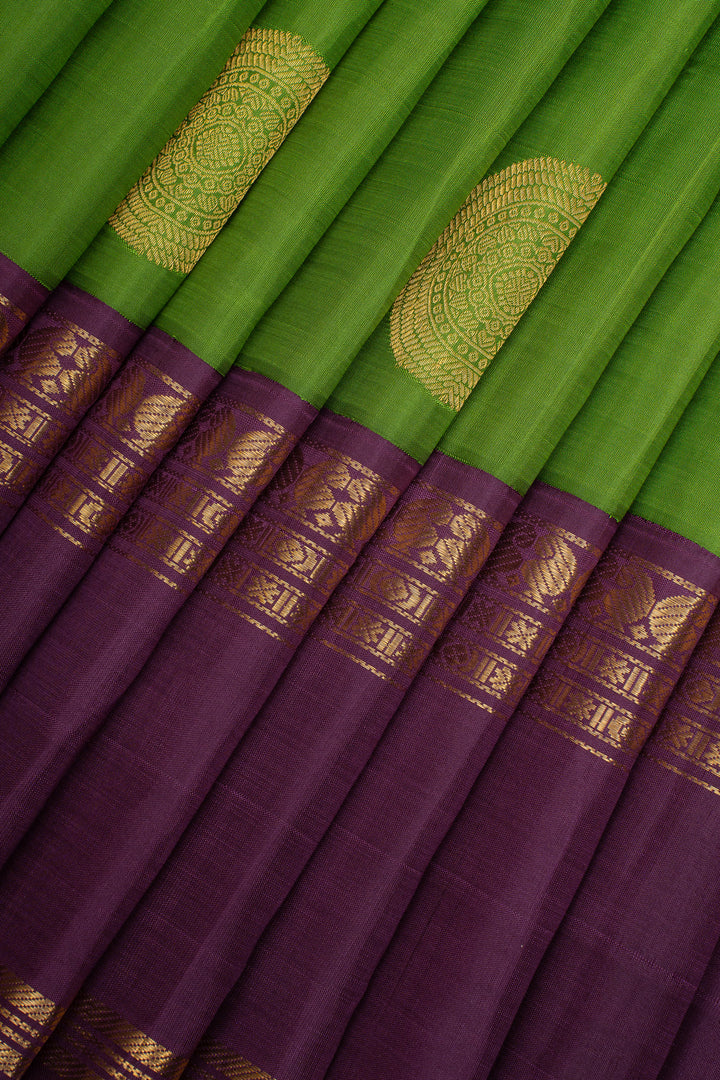 Parrot Green and Purple Rettai Pettu Pure Kanchipuram Silk Saree
