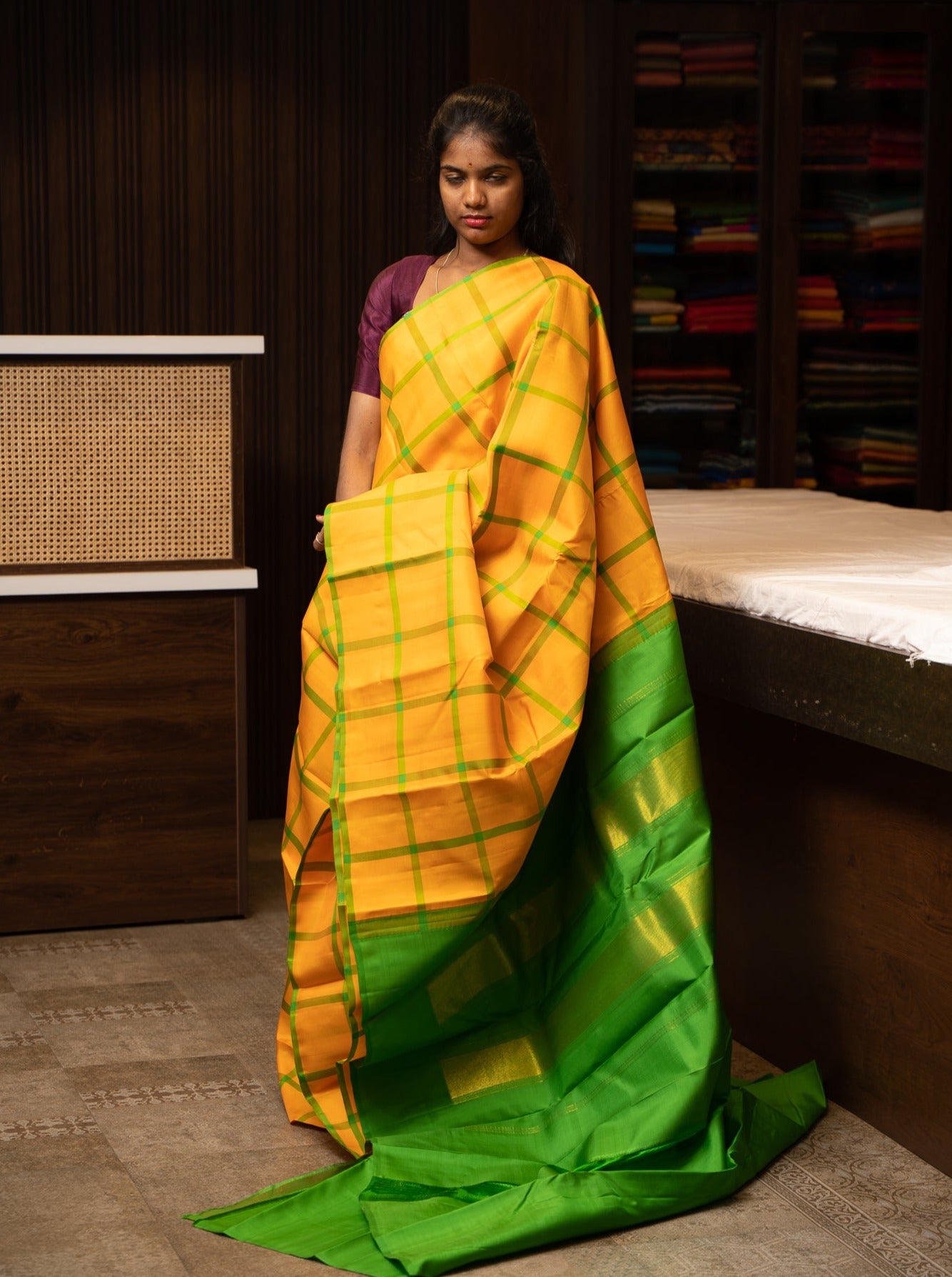 Yellow Borderless Checks Pure Designer Kanchipuram Silk saree - Clio Silks