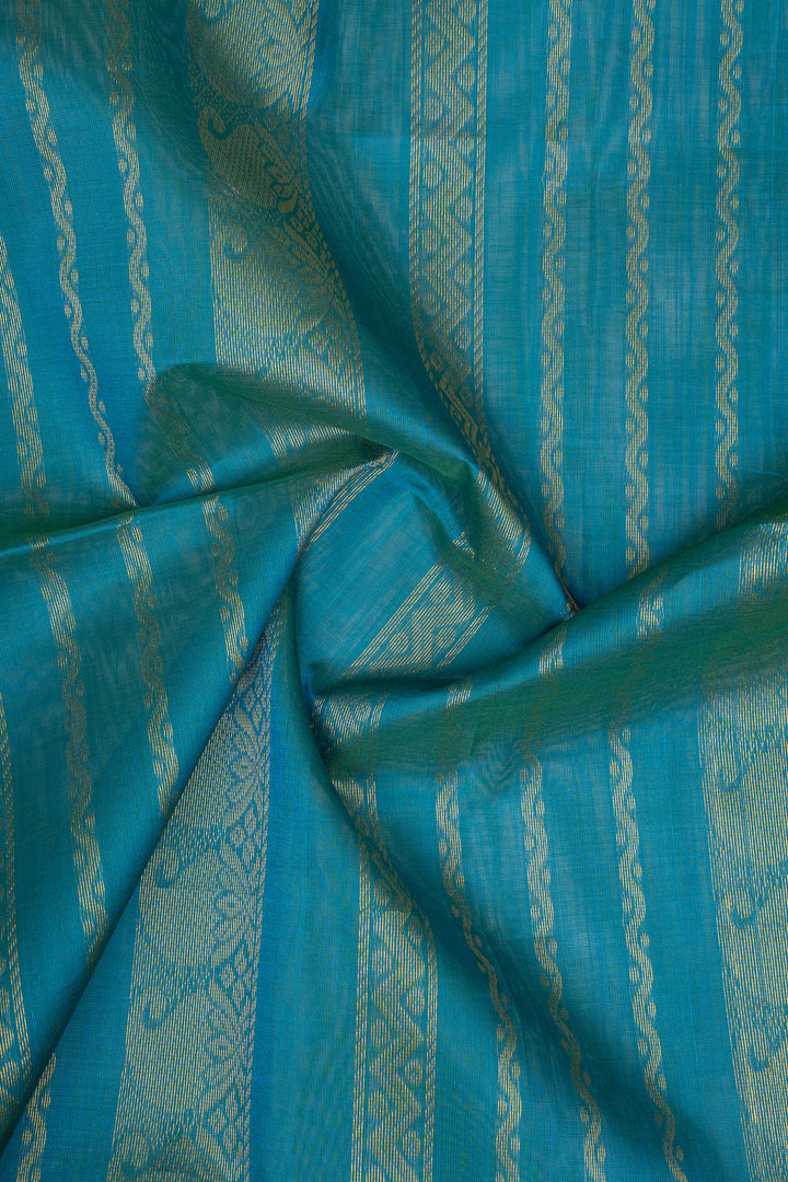 Biscuit Beige and Peacock Blue Pure Silk Cotton Saree
