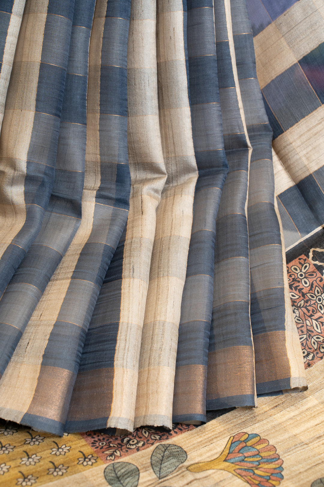 Blue checks pure Tussar organza saree