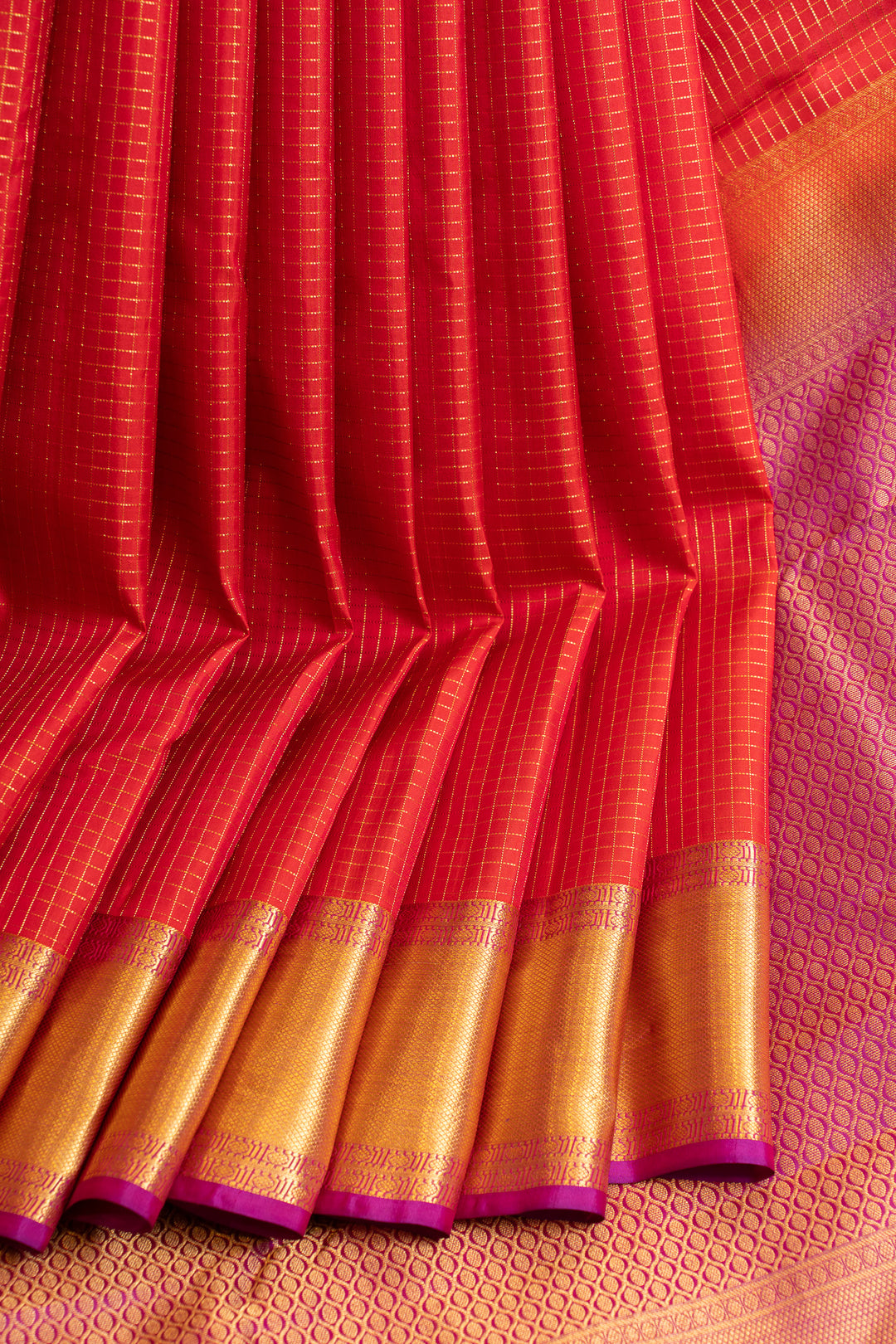 Red and pink zari checks pure Kanchipuram silk saree