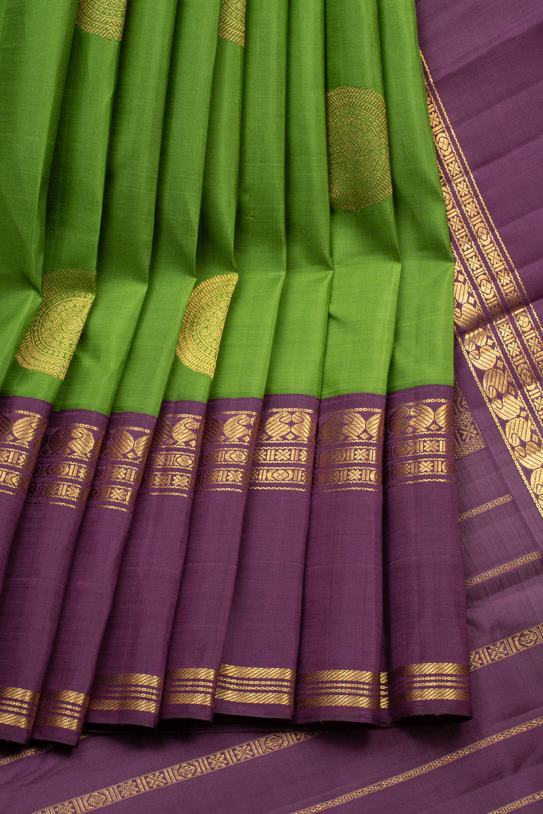 Parrot Green and Purple Rettai Pettu Pure Kanchipuram Silk Saree