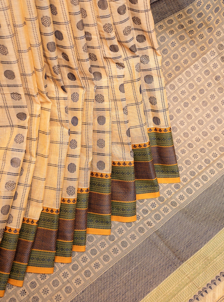Cream Thread Checks ure Kanchi Cotton Saree - Clio Silks