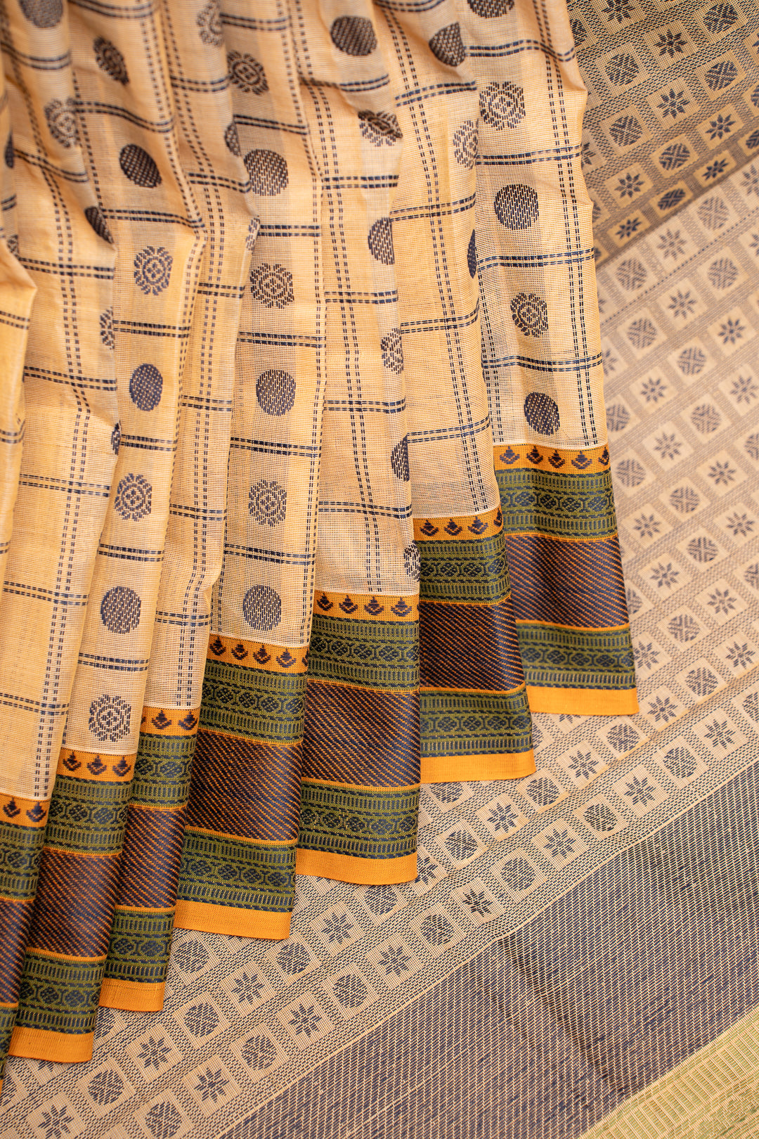 Cream Thread Checks ure Kanchi Cotton Saree - Clio Silks