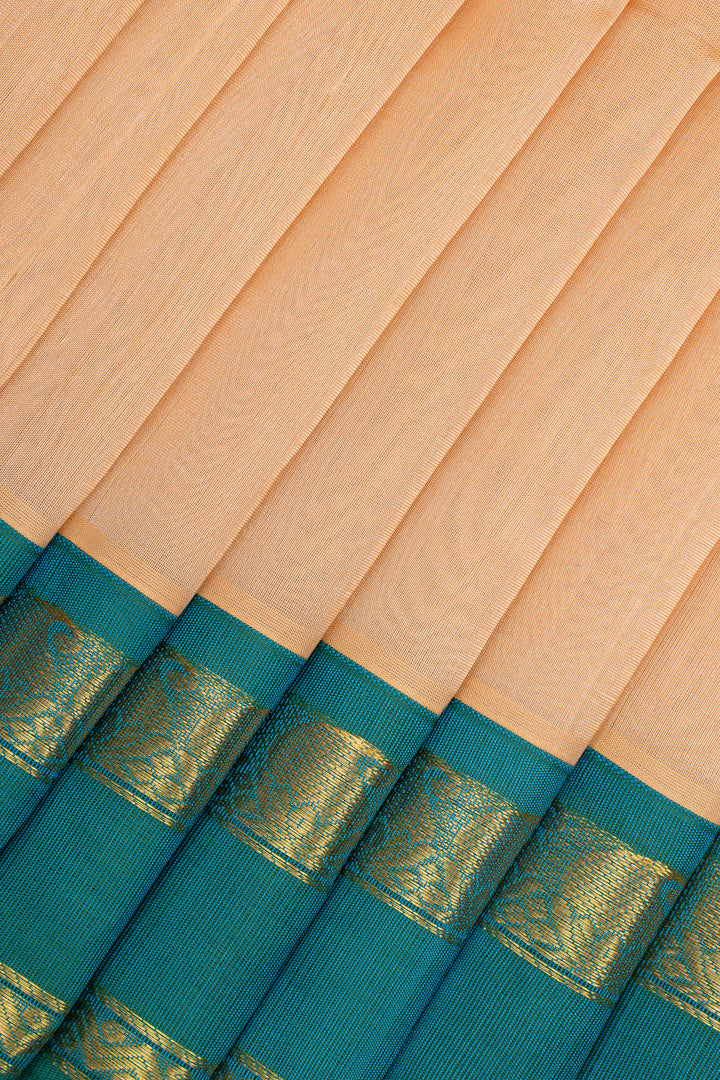 Biscuit Beige and Peacock Blue Pure Silk Cotton Saree