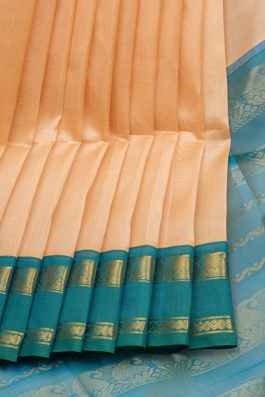 Biscuit Beige and Peacock Blue Pure Silk Cotton Saree