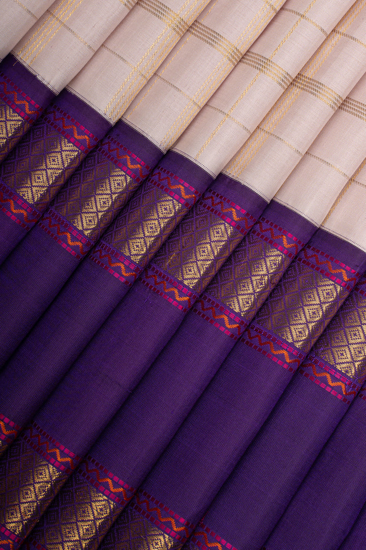 Light Cream and Purple Zari Checks Pure Kanchipuram Silk Saree