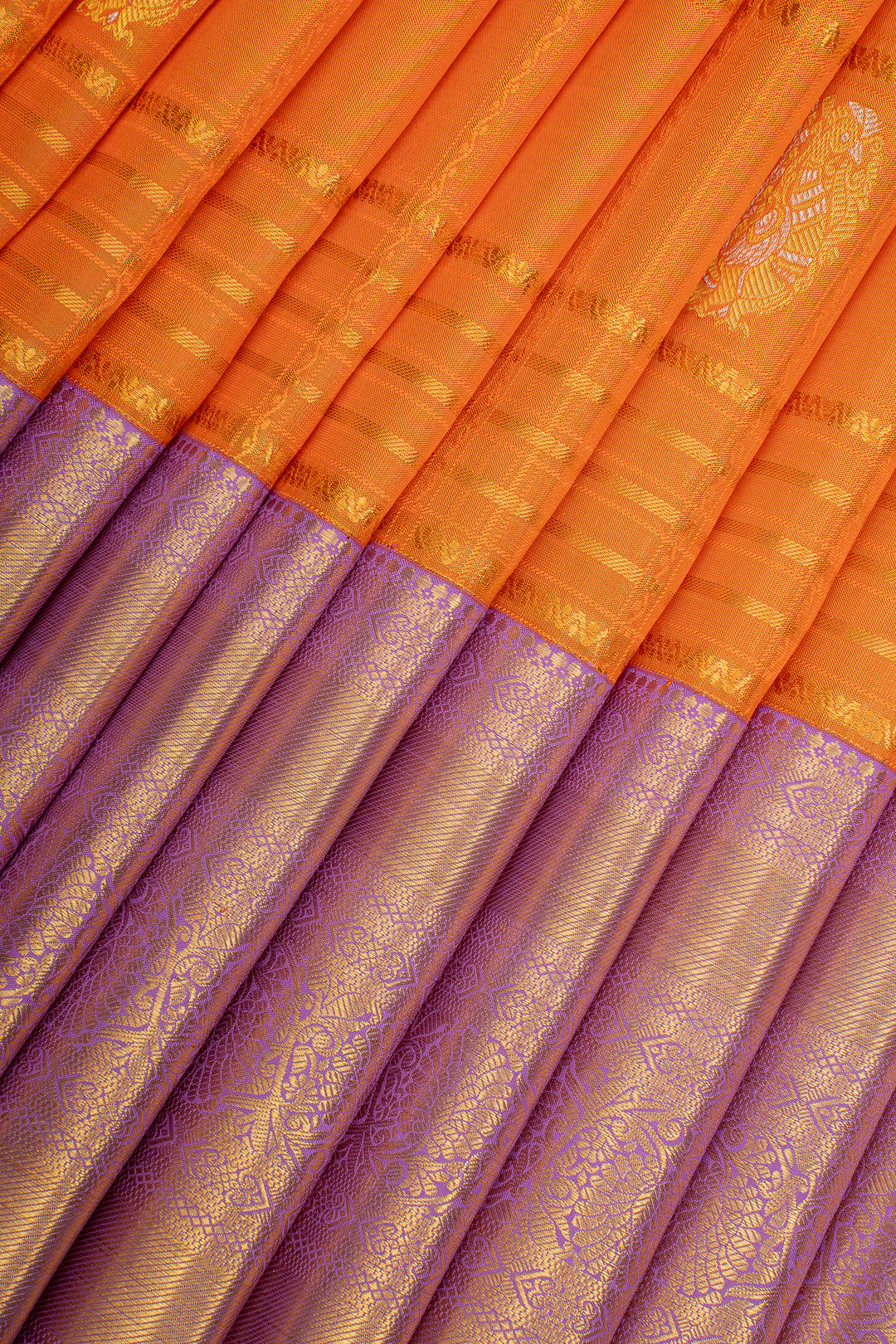 Orange and Lilac Stripes Pure Kanchipuram Silk Saree