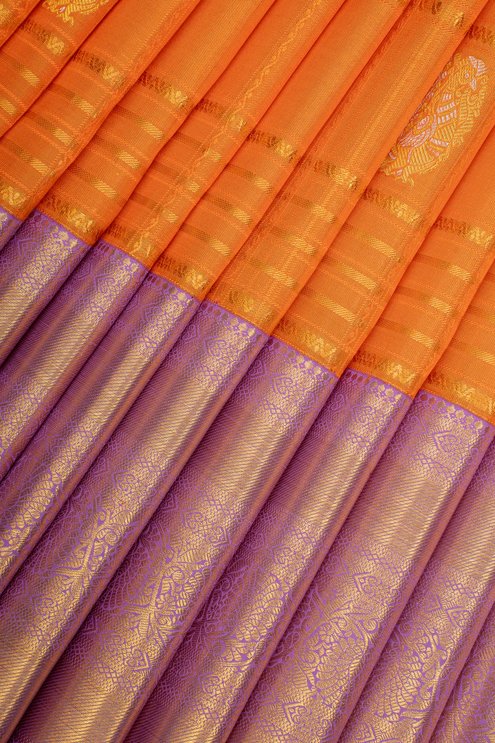 Orange and Lilac Stripes Pure Kanchipuram Silk Saree