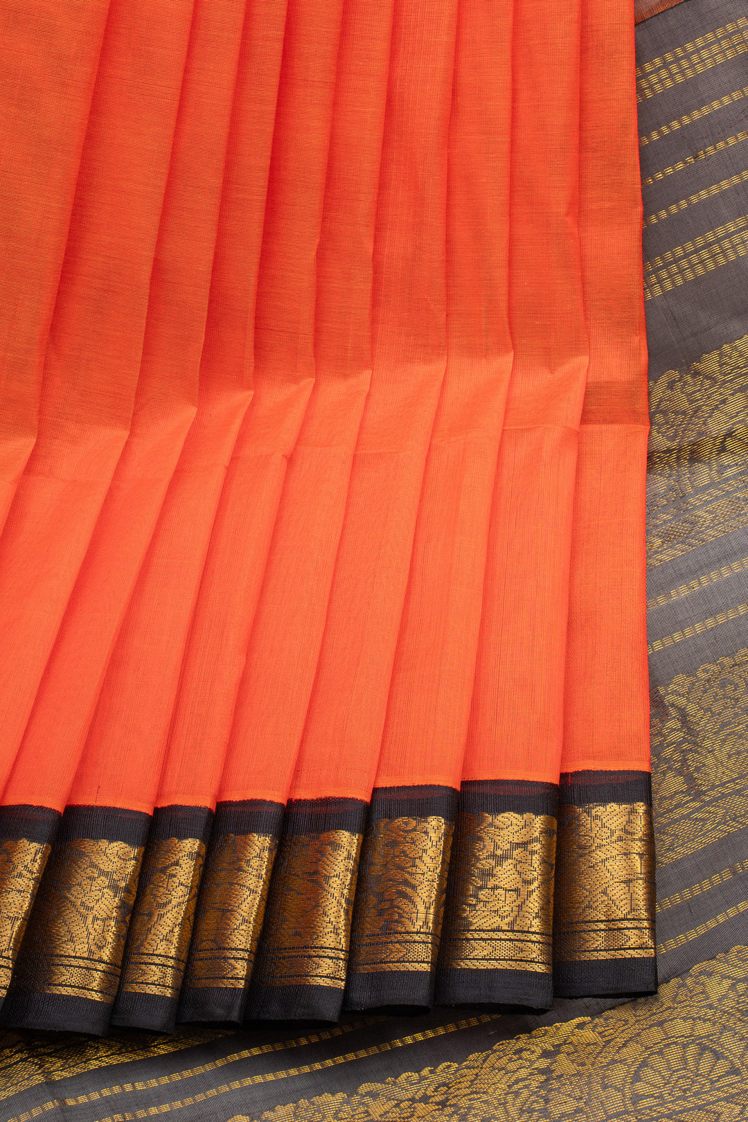Orange and Black Korvai Pure Silk Cotton Saree