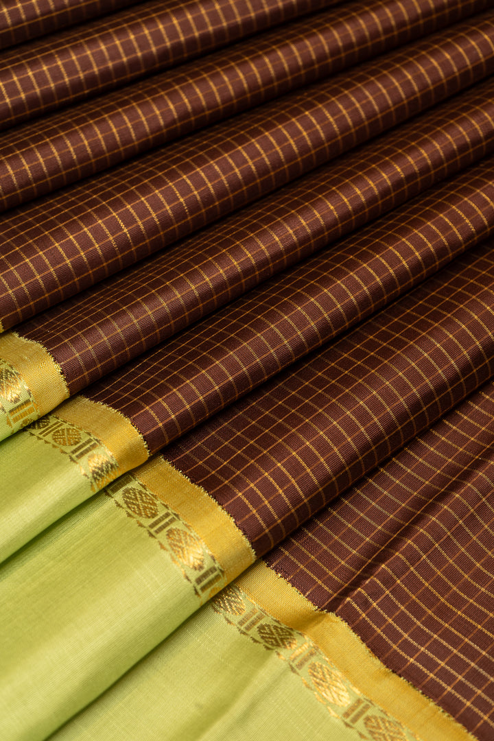 Brown and Green Pure Zari Kanchipuram Silk Saree - Clio Silks