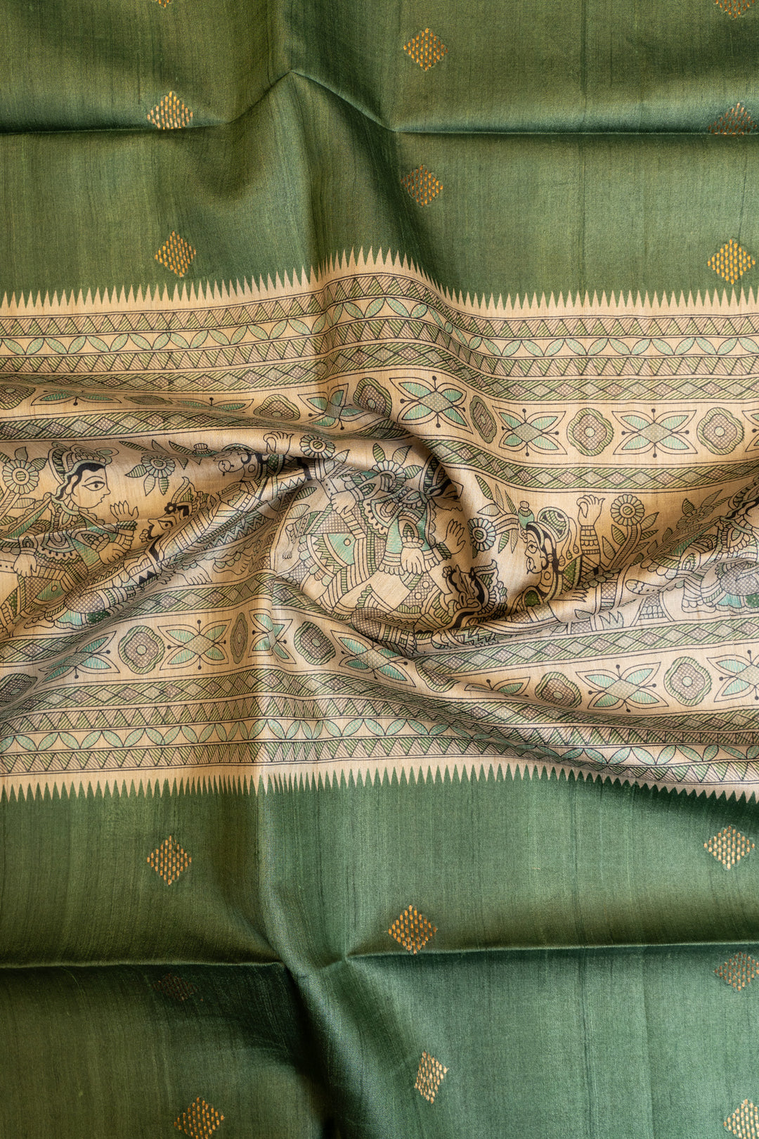 Emerald green Madhubani pure Tussar silk saree