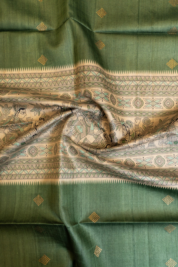 Emerald green Madhubani pure Tussar silk saree