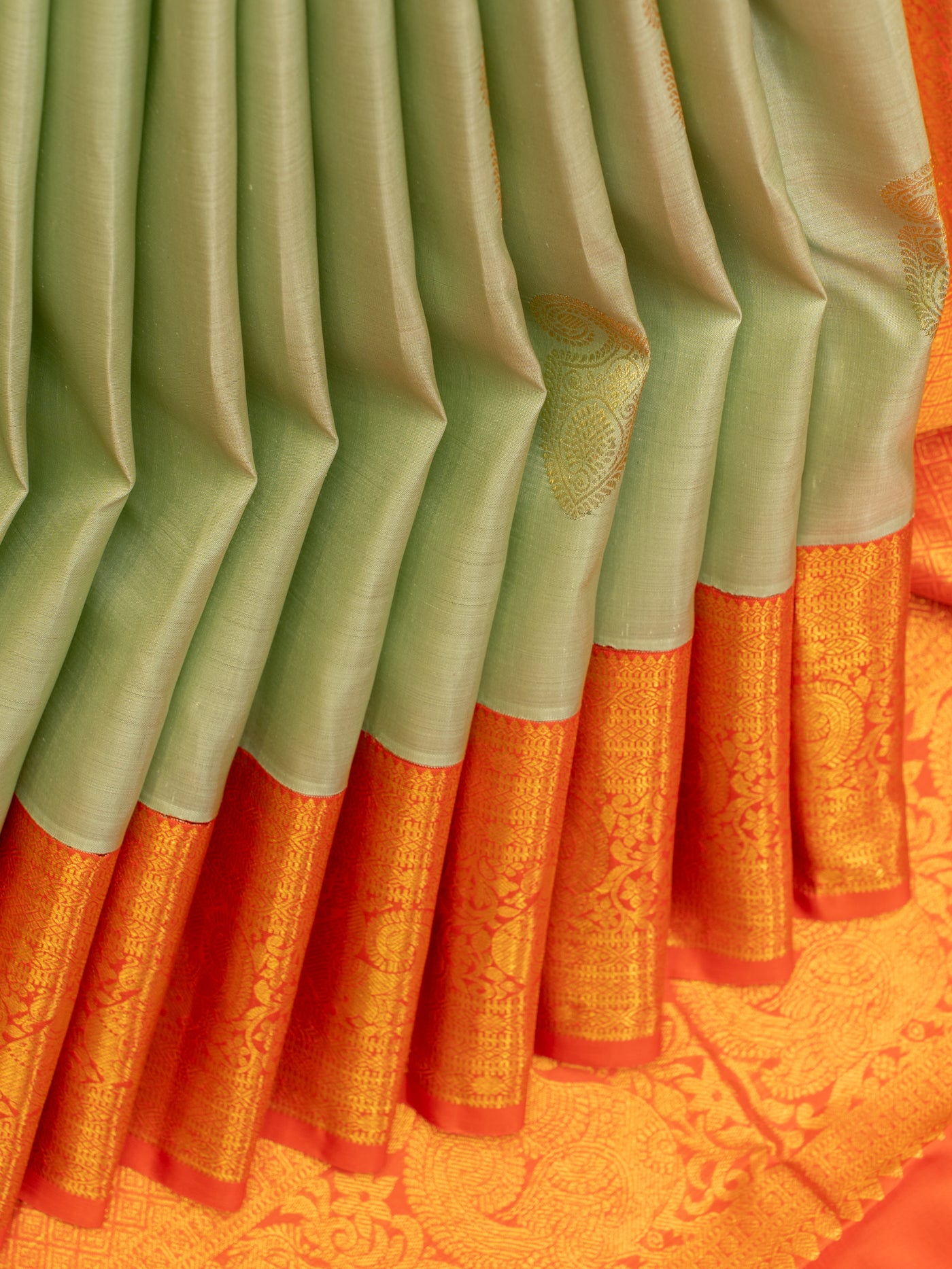 Apple green and orange traditional pure kanjivaram silk saree