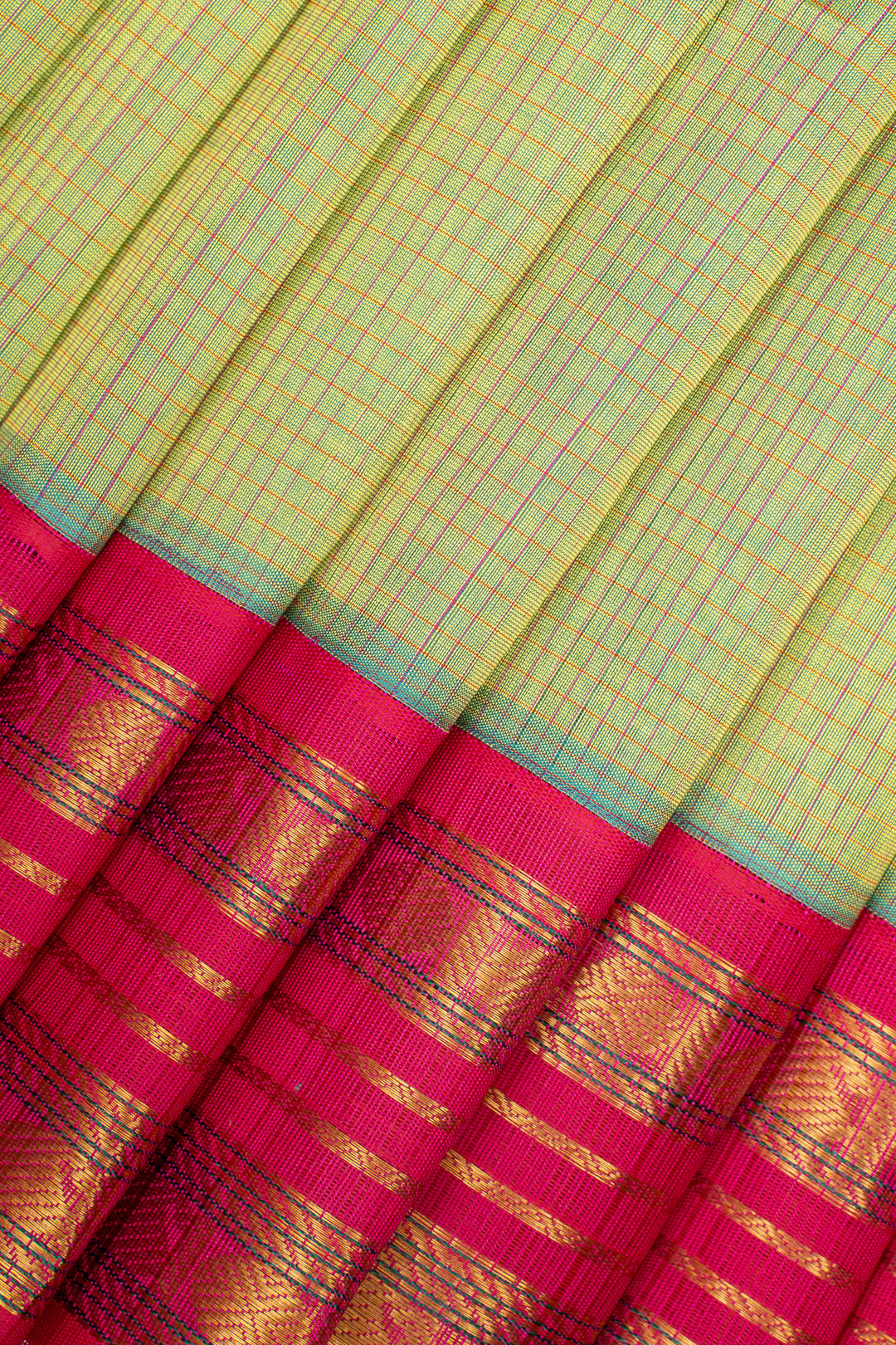 Light Green and Pink Thread Checks Pure Silk Cotton Saree
