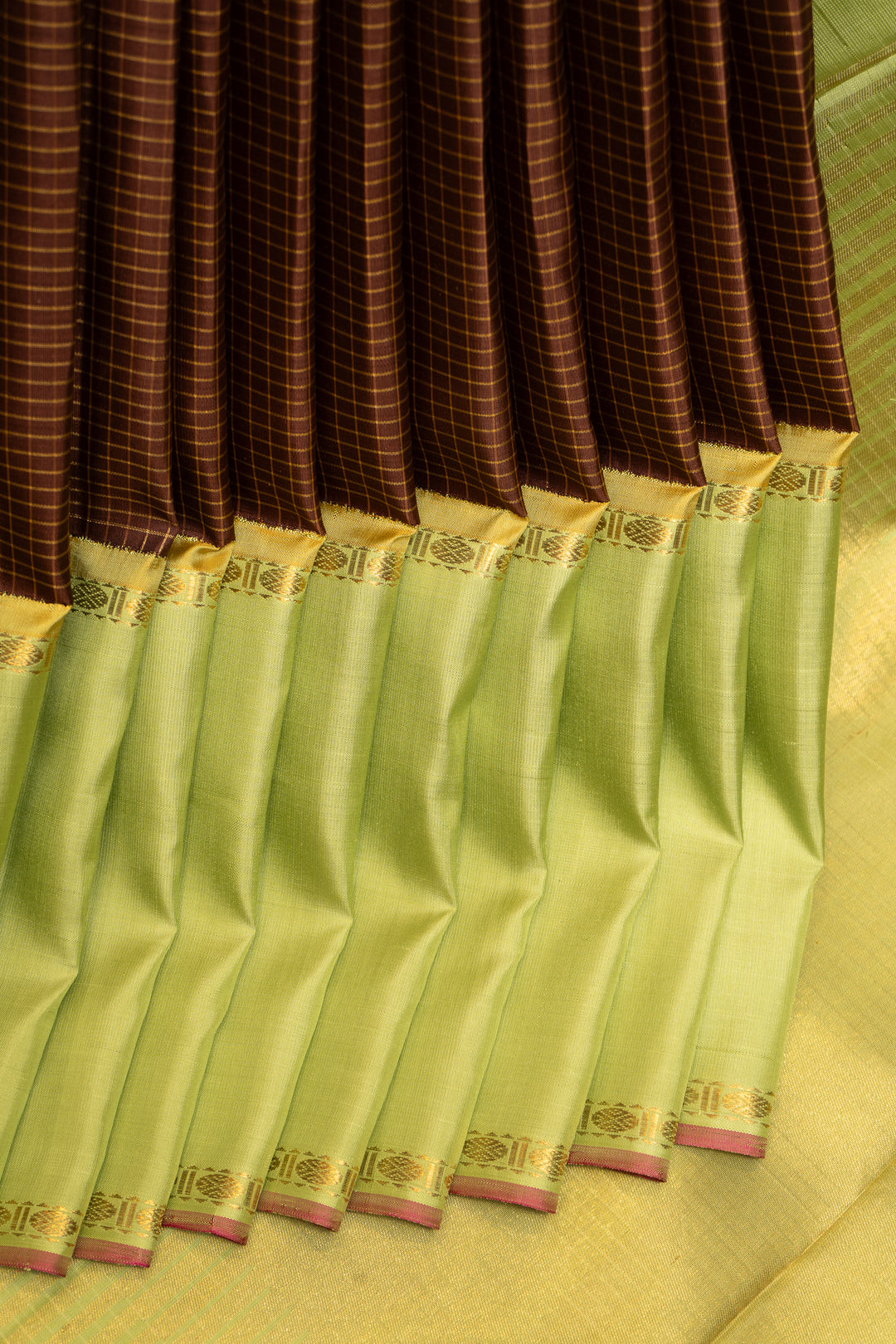 Brown and Green Pure Zari Kanchipuram Silk Saree - Clio Silks