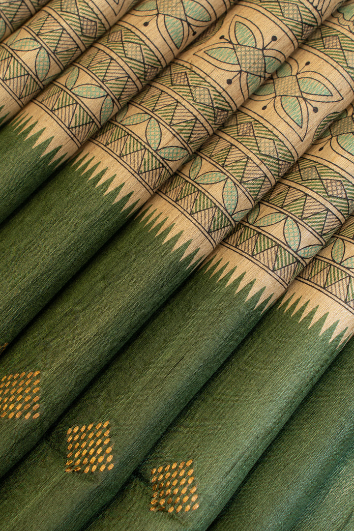 Emerald green Madhubani pure Tussar silk saree