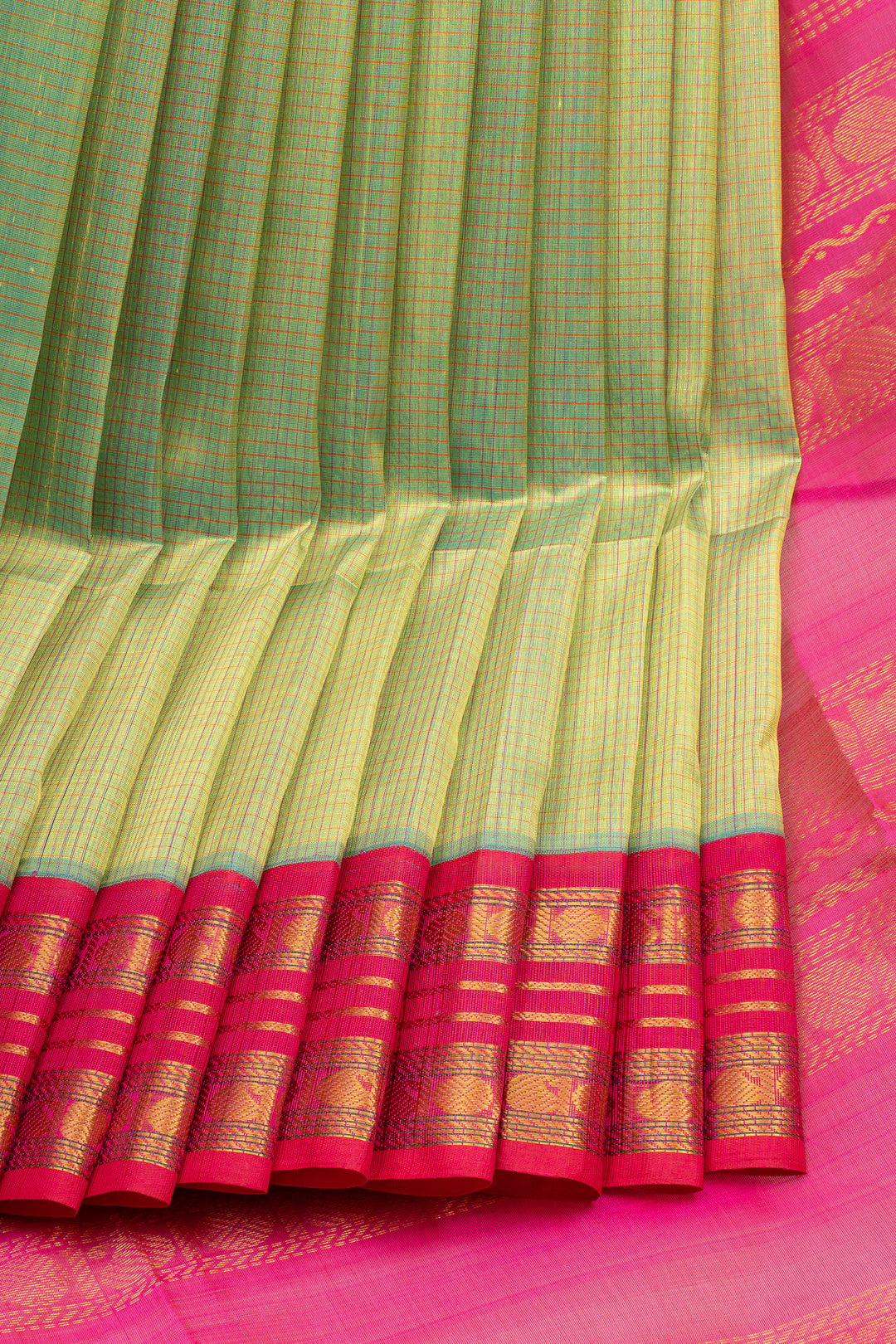 Light Green and Pink Thread Checks Pure Silk Cotton Saree