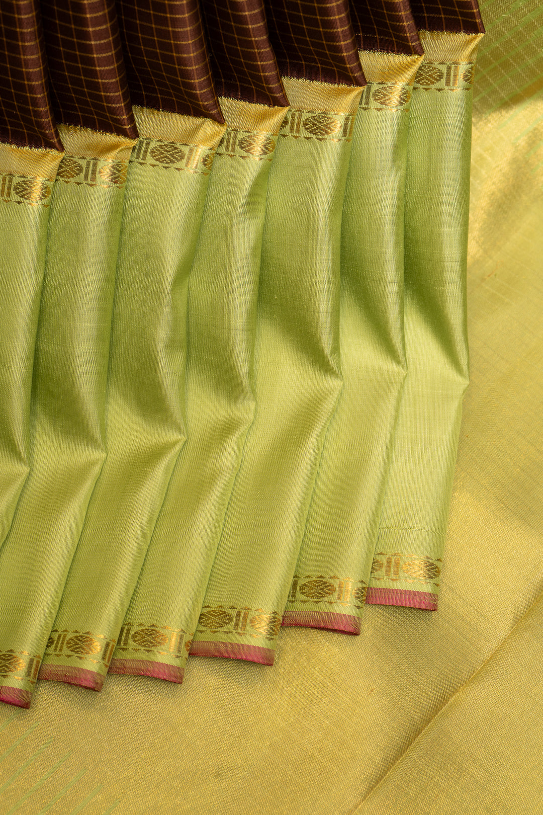 Brown and Green Pure Zari Kanchipuram Silk Saree - Clio Silks