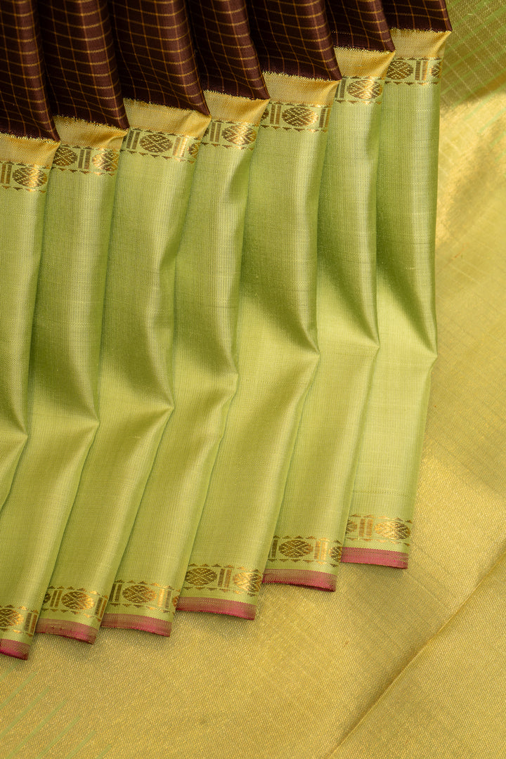 Brown and Green Pure Zari Kanchipuram Silk Saree - Clio Silks