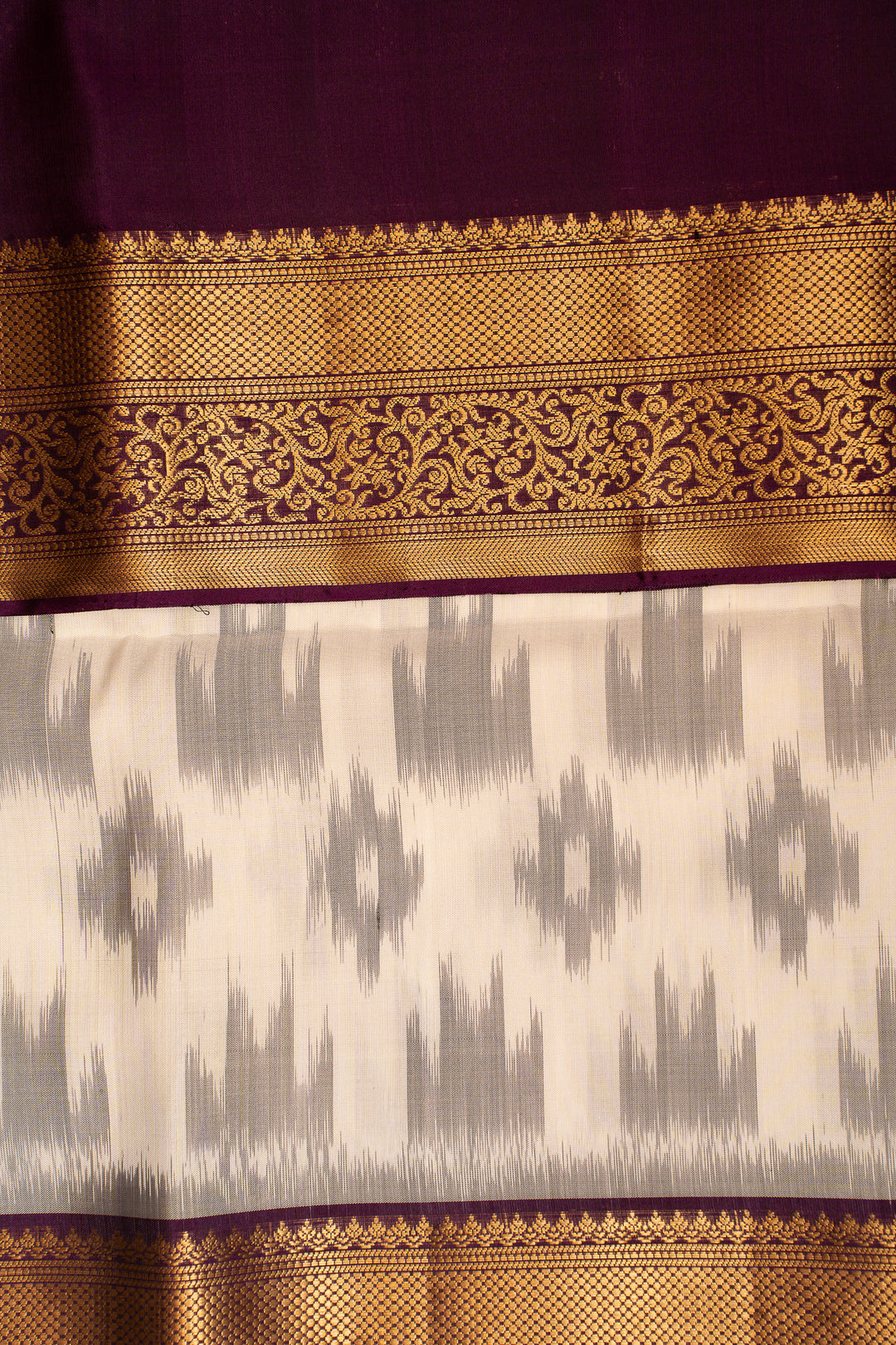 Off white and Mulberry Purple Pure Ikat Silk Saree - Clio Silks