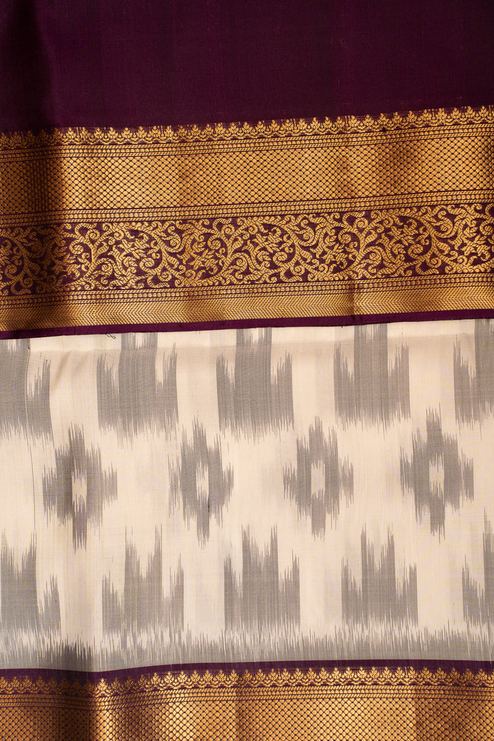 Off white and Mulberry Purple Pure Ikat Silk Saree - Clio Silks
