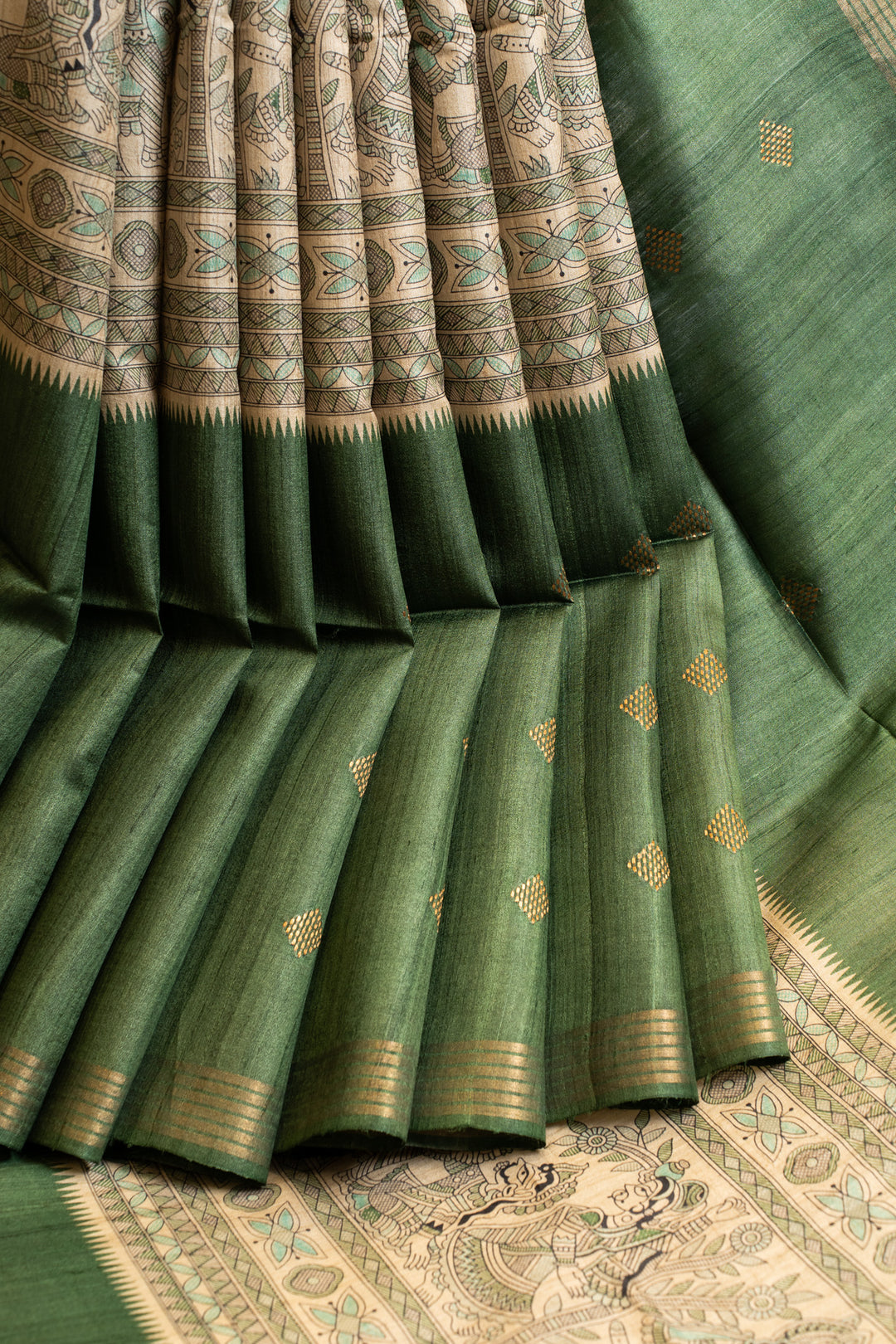 Emerald green Madhubani pure Tussar silk saree