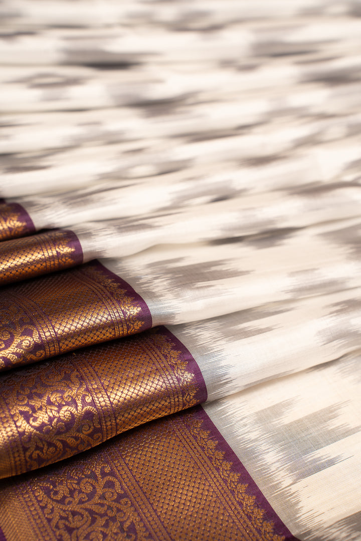 Off white and Mulberry Purple Pure Ikat Silk Saree - Clio Silks