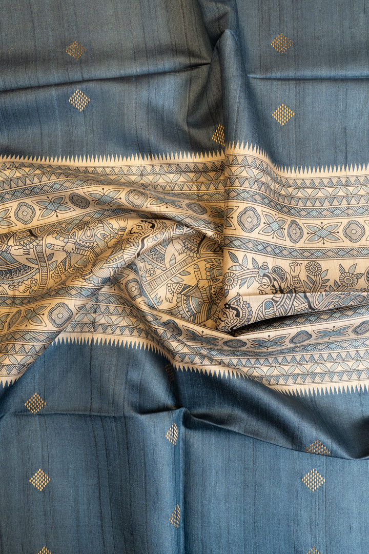 Blue Madhubani stripes pure Tussar silk saree
