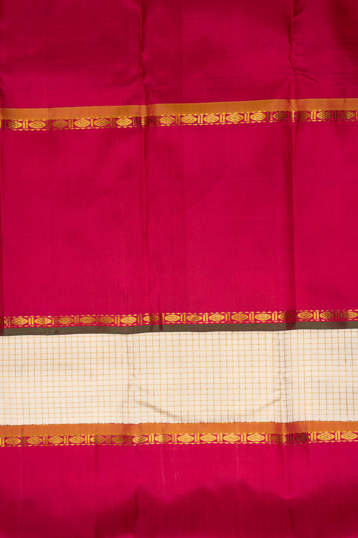 Pearl White and Pink Pure Zari Checks Kanchipuram Silk Saree - Clio Silks