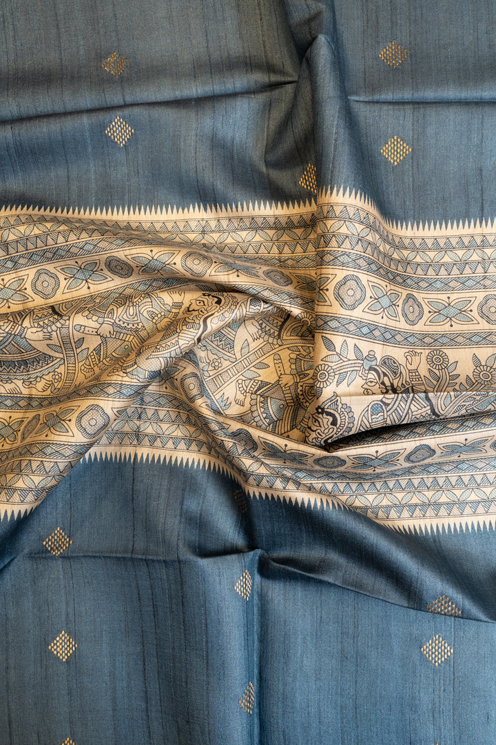 Blue Madhubani stripes pure Tussar silk sare