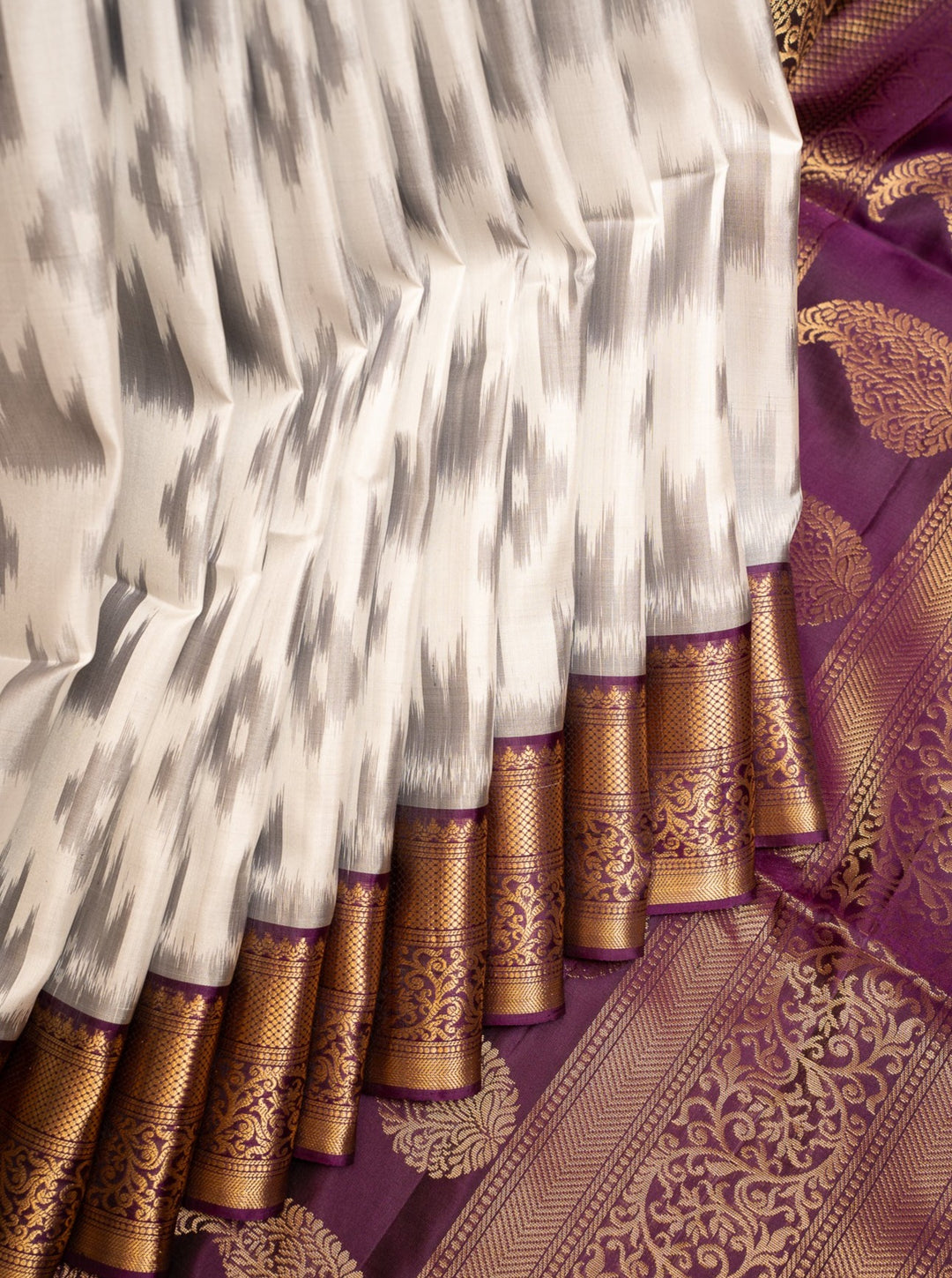 Off white and Mulberry Purple Pure Ikat Silk Saree - Clio Silks