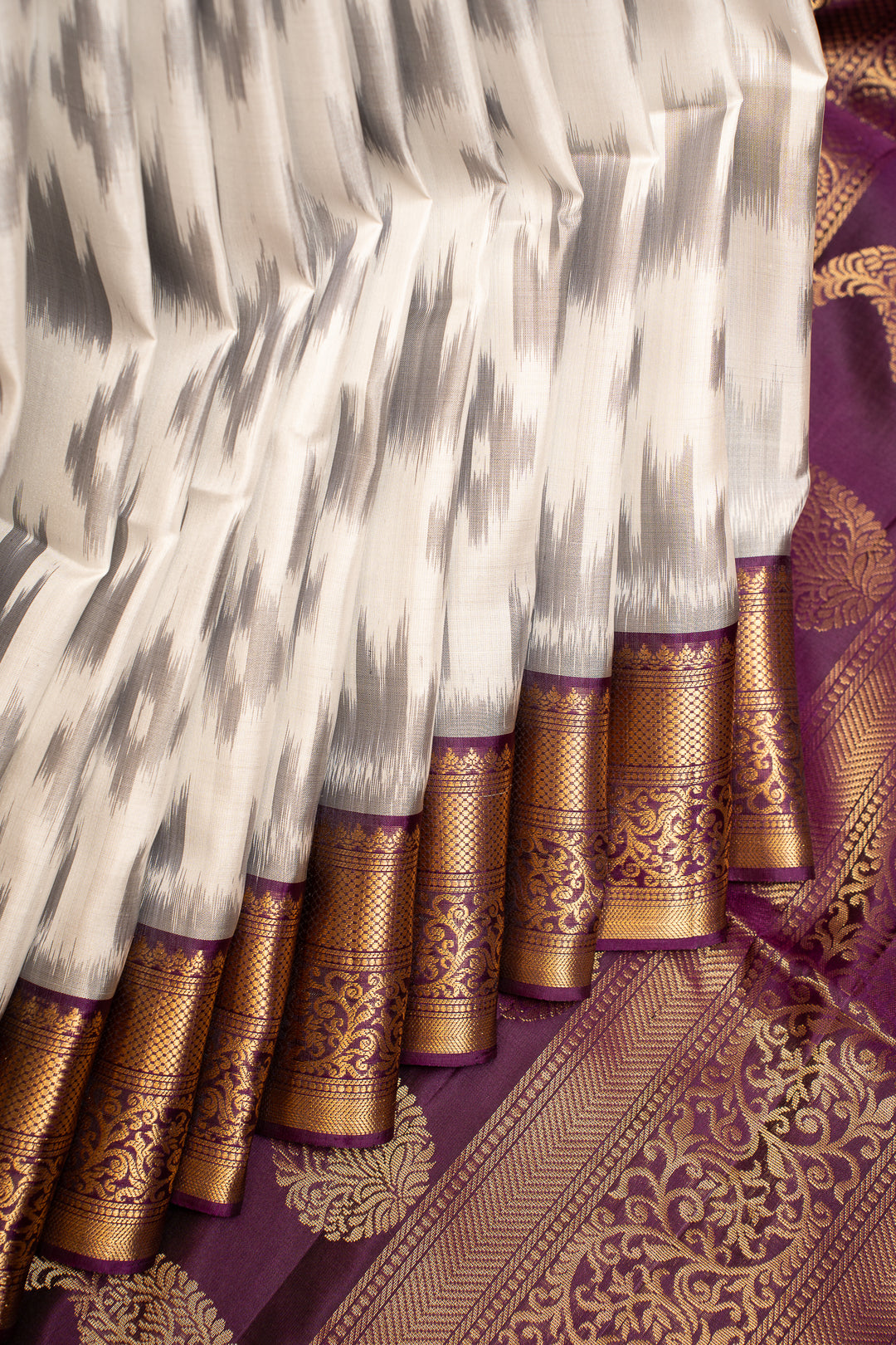 Off white and Mulberry Purple Pure Ikat Silk Saree - Clio Silks