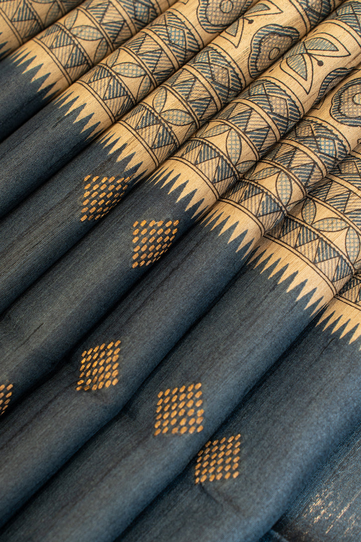 Blue Madhubani stripes pure Tussar silk saree