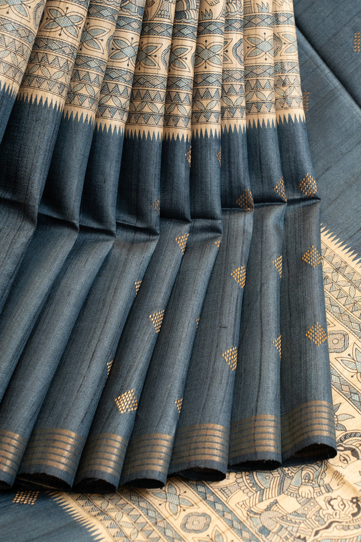 Blue Madhubani stripes pure Tussar silk saree