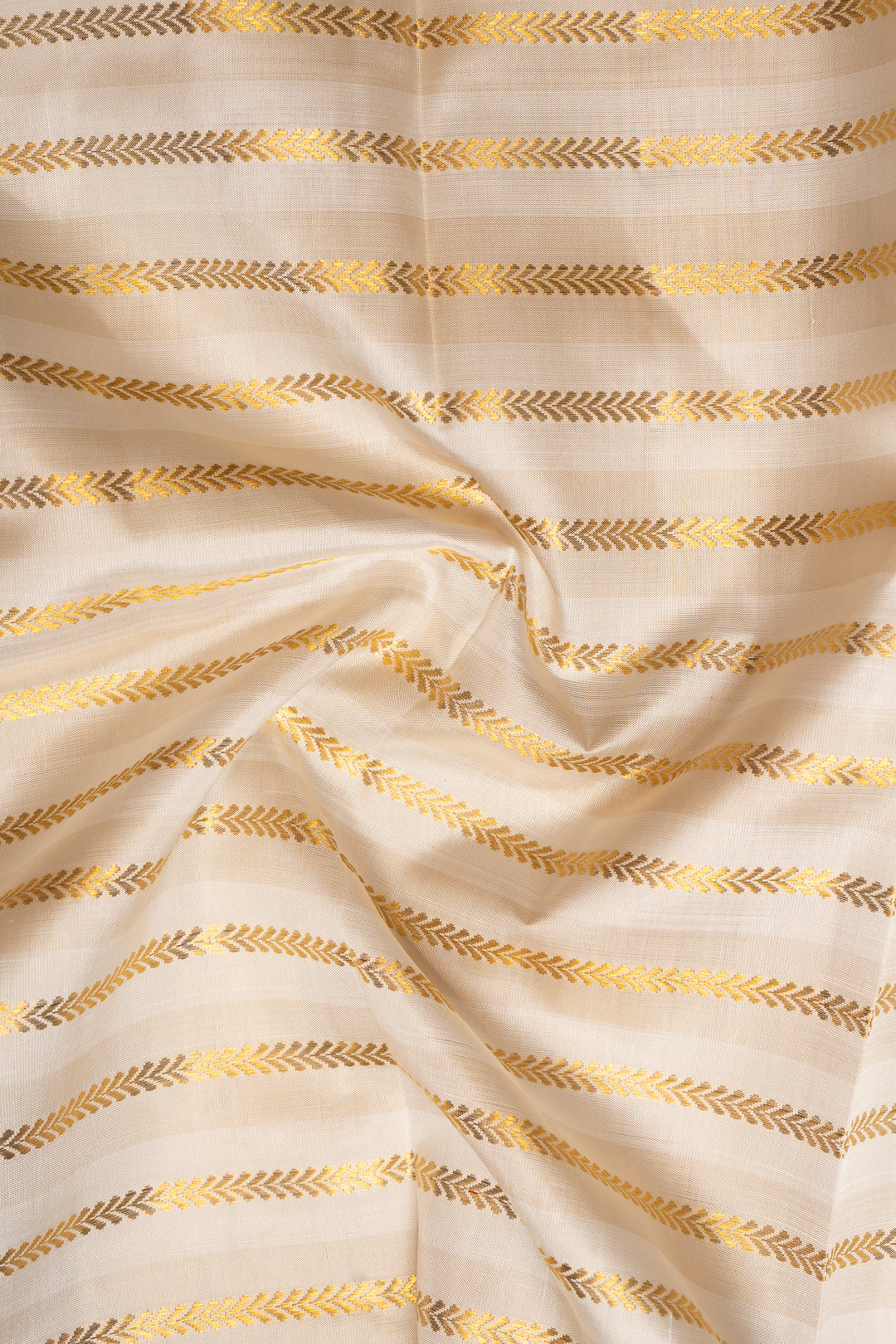 Pearl White and Brown Zari Stripes Pure Kanchipuram Silk Saree - Clio Silks