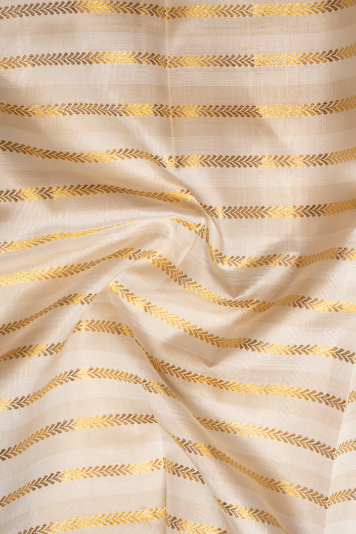Pearl White and Brown Zari Stripes Pure Kanchipuram Silk Saree - Clio Silks