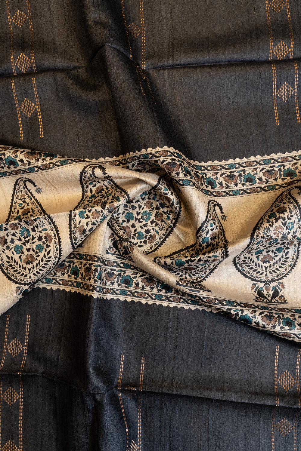 Black hand printed paisley woven buttis pure Tussar silk saree